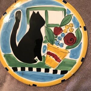Black Cat Ceramic Decorative Plate - Colorful Floral Design With Metal Hanger